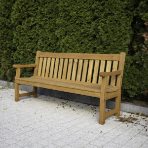 Drewniana ławka ogrodowa Darwin 1,2m z oparciem i podłokietnikami jasny brąz